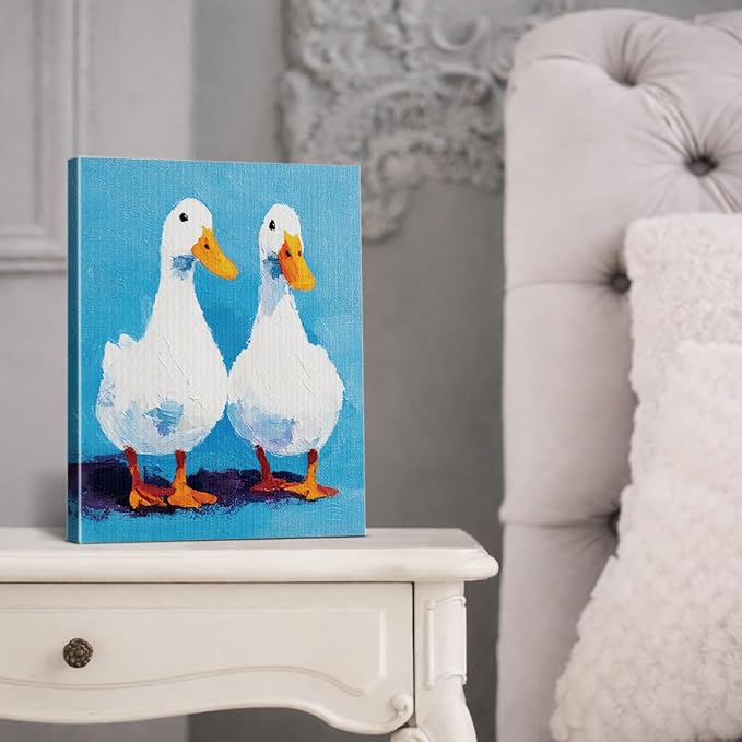 Vintage White Ducks Wall Art Decor Cute Rustic Duck Print Picture Cottagecore Wall Decor for Home Farmhouse Living Room 8x10 Inch Canvas Framed