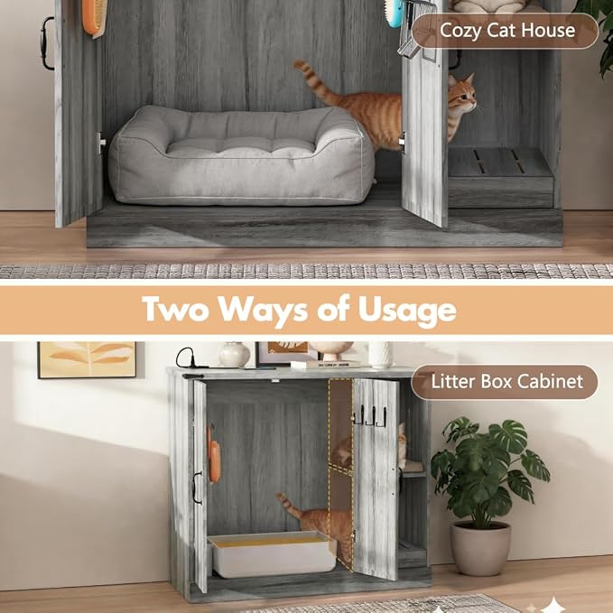 Modern Cat Litter Box Cabinet Furniture with Power Outlet for Automatic Cleaner, Hidden Enclosure Featuring Litter Catcher Trap Door, Adjustable Storage Shelves, Gray