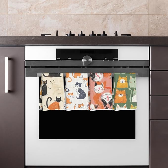 Lovdazzles 4 Pcs Whimsical Cat Kitchen Towels, Cute Cats Decorative Absorbent Microfiber Dish Cloth Tea Towel, Waffle Soft Hand Towels for Farmhouse Home Bathroom Kitchen Decor, Cat Lover Gifts