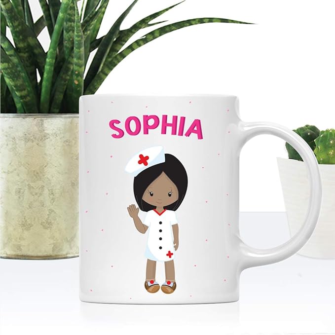 Andaz Press Personalized 11oz. Kids Milk Hot Chocolate Mug, Black Haired Girl Nurse, 1-Pack, Custom Child’s Birthday Christmas Coffee Cup