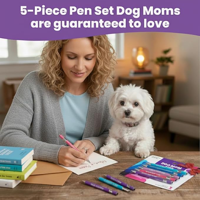 rubyloo Funny Dog Mom Gift Pen Set – 5 Black Ink Ballpoint Pens with Stylus Tips & Durable Metal Barrels with Hilarious Doggy Quotes – Cute Dog Mom Gift for Women for Mother's Day or Birthday Present