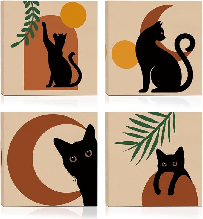 4 PCs Boho Cat Canvas Wall Art Framed Wall Decor, Botanical Wall Decor Bohemian Decor, Cat Lover Gifts, Cat Themed Gifts Art Prints Paintings, Cat Pictures Home Decor for Office Bedroom Farmhouse