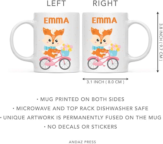 Andaz Press Personalized 11oz. Kids Milk Hot Chocolate Mug, Fox Pink Bicycle, 1-Pack, Custom Child’s Birthday Christmas Coffee Cup