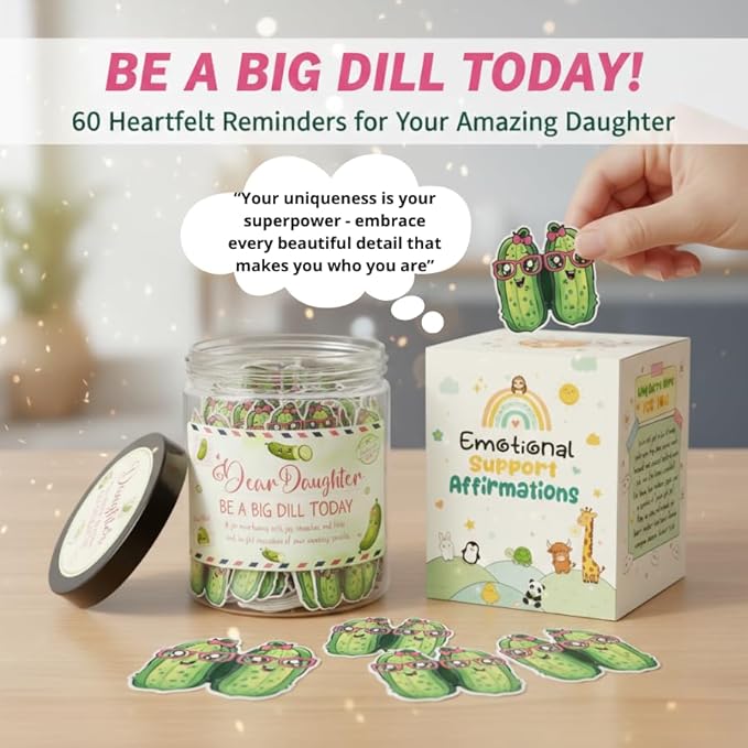 DEARMINE 60 Positive Pickle Cards Jar for Daughter with Affirmation Cards, Daughters Birthday Gift Ideas from Mom, Dad, Daughter Gifts, Unique Birthday Gifts for Daughter in Law