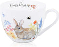 20 oz Easter Bunny Coffee Hug Mug, Spring Flowers & "Happy Days" Slogan, Premium Bone China Rabbit Tea Mug, Cute Easter Gift for Women, Family, Friends, Designed in England by Harvest Green Studio