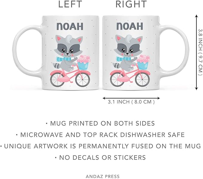 Andaz Press Personalized 11oz. Kids Milk Hot Chocolate Mug, Raccoon Pink Bicycle, 1-Pack, Custom Child’s Birthday Christmas Coffee Cup