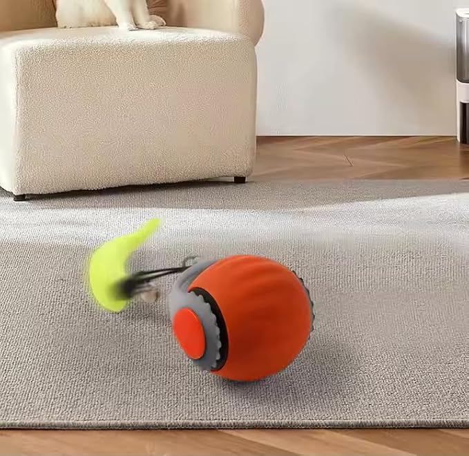 Interactive Cat Toy Ball - Automatic Rolling Rechargeable Cat Toy, Chasing Ball for Indoor Cats & Kittens, Feather Tail, Self-Moving Toy, Fast & Slow Speed (Blue)