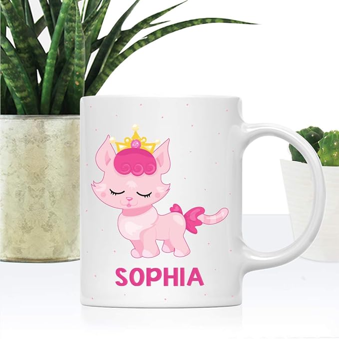 Andaz Press Personalized 11oz. Kids Milk Hot Chocolate Mug, Pink Princess Cat, 1-Pack, Custom Child’s Birthday Christmas Coffee Cup