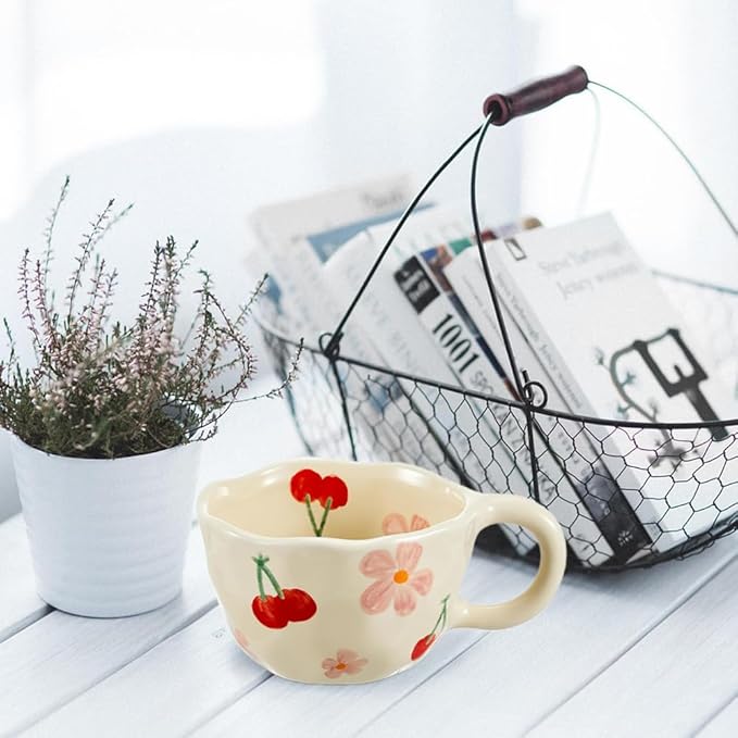 Cute Coffee Mug Gift for Women Ceramic Tea cup Kawaii mugs Handmade Creative Flower Pink mug with Spoon Aesthetic mugs for Cappuccino Milk Cocoa, 8.5 oz Cheery Mug for Mom Mother day (Pink)