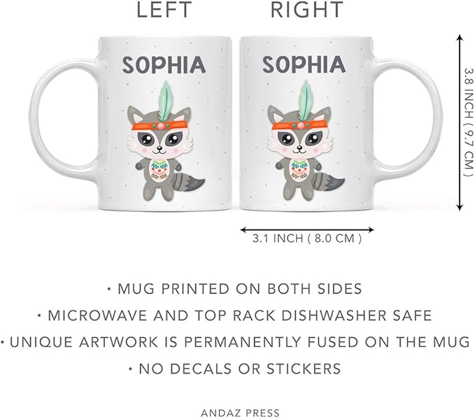 Andaz Press Personalized 11oz. Kids Milk Hot Chocolate Mug, Tribal Raccoon, 1-Pack, Custom Child’s Birthday Christmas Coffee Cup