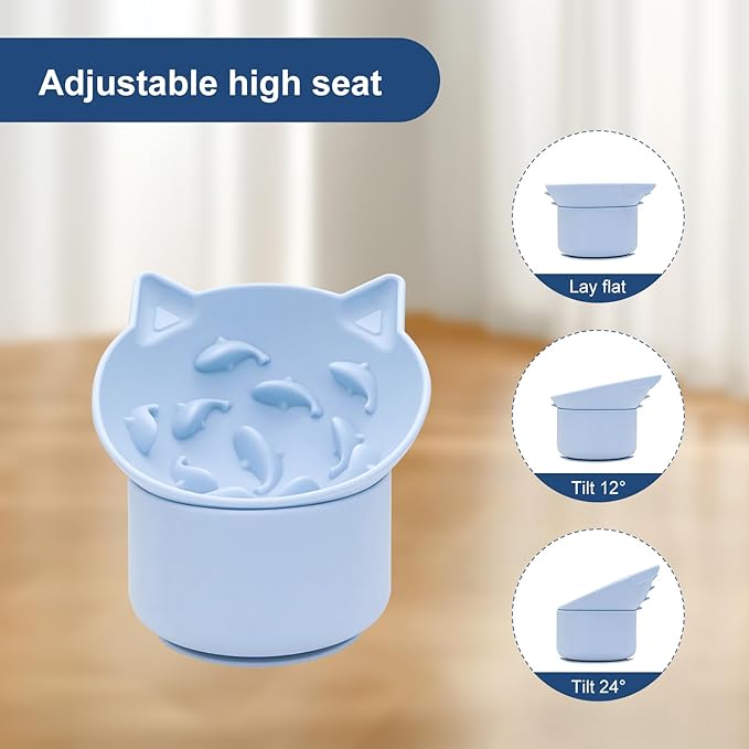 Cat Slow Feeder, Elevated Slow Feeder Bowl Tilt Design, No Black Chin, Tilted Design, for Dry Wet Food, for Cats & Small Dogs (Blue)