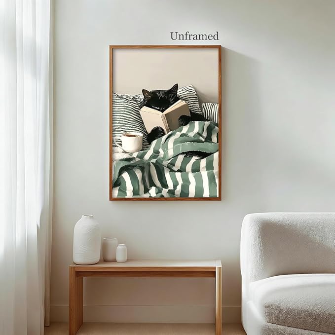 Funny Black Cat Canvas Wall Art, Cute Cat Reading Book In Bed with Coffee Aesthetic Poster, Cozy Striped Green Bedroom Animal Wall Decor, Bookish Art Print for Book Pet Lover 12x16in Unframed