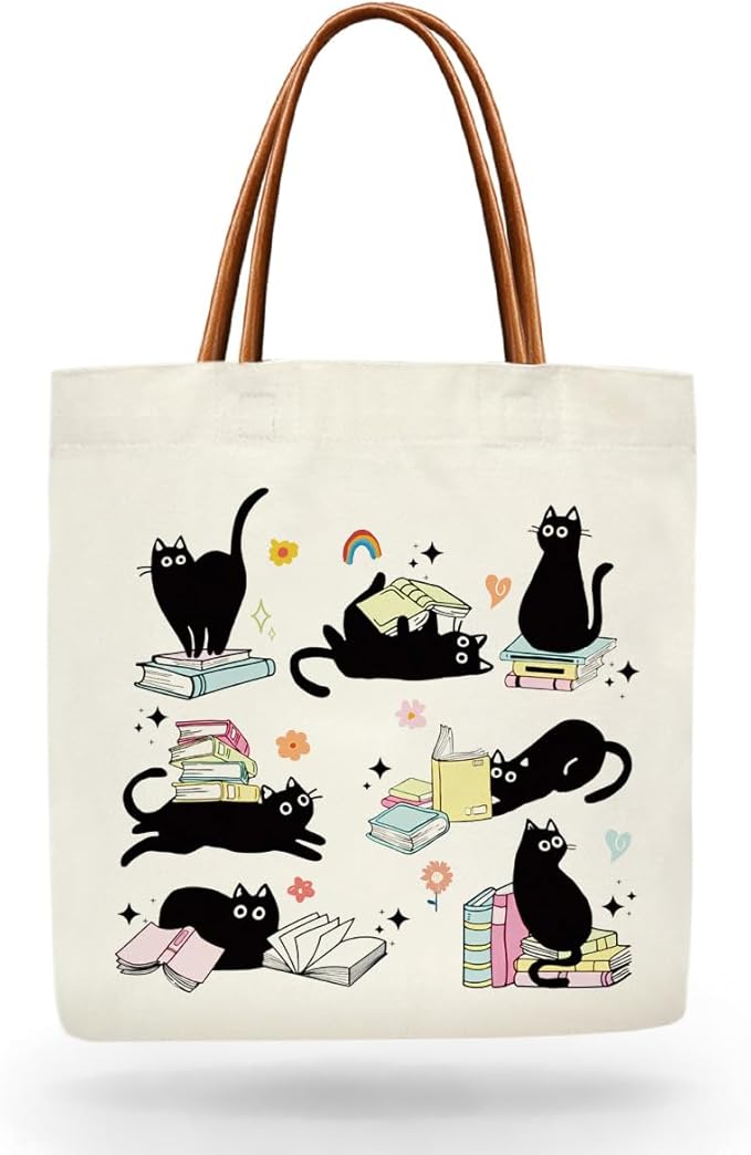Black Cat Mom Book Lover Tote Bag for Women, Black Cat Gifts for Women Pet Owner, Mother's Day Birthday Kitten Gifts Grocery Lover Books Reader Aesthetics Tote Bag -PI07
