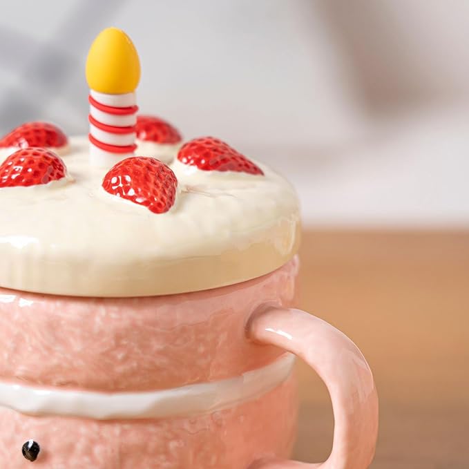 Adorable Cake Ceramic Coffee Mug, 400ml Cute funny Mug For Women, Cake Shaped Aesthetic Mugs Tea Cup with Lid Spoon for Birthday Valentines Day Home Office School