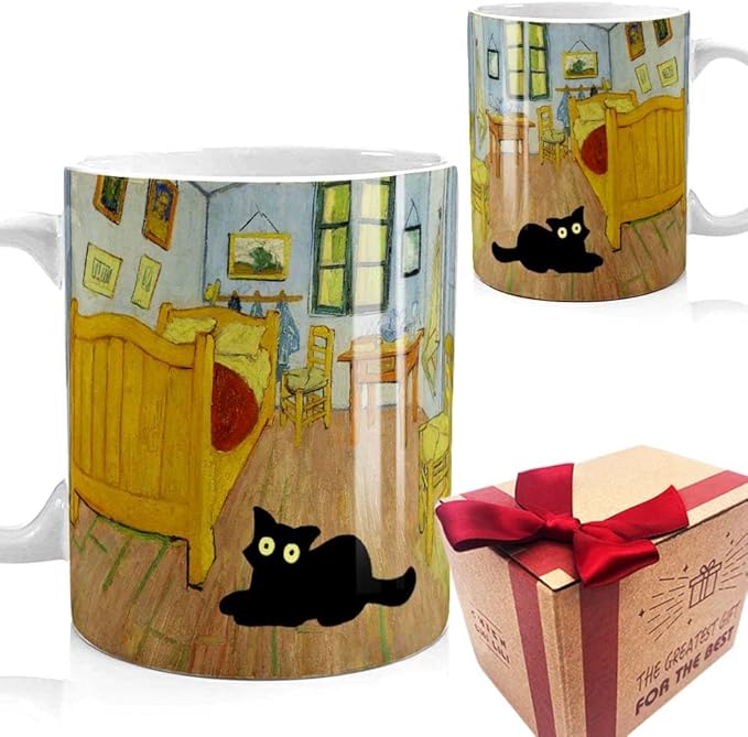 Famous Art Paintings Funny Cat Coffee Mug for Artist Art Lover Teacher Cat Lovers, Famous Picture Classic Vincent Aesthetic Canvas Mug Birthday Gift for Women Man (Bedroom in Arles)