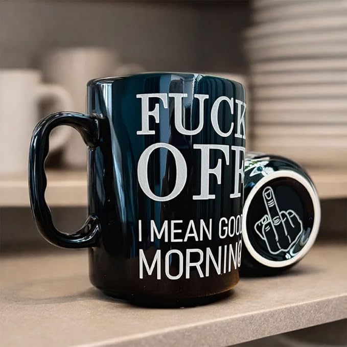 Fuck Off Middle Finger Mug, 17 Oz Ceramic Coffee Mug with Middle Finger Bottom, Offensive Humor Mug, Sarcastic Cup, Gag Gift for Coworker, Friend, Husband, Adult Humor Coffee Mug Black, Fuck Mug