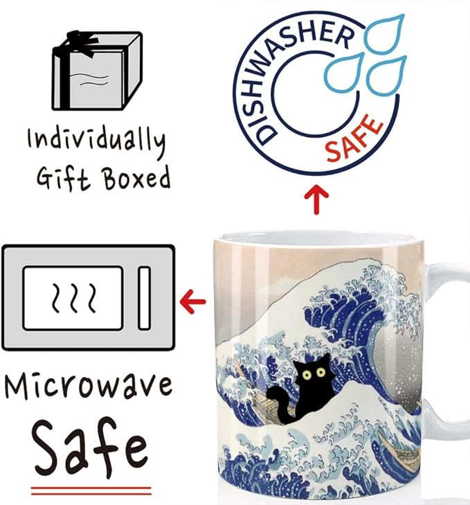 Famous Art Paintings Funny Cat Coffee Mug for Artist Teacher Cat Lovers, Famous Picture Classic Vincent Art Aesthetic Canvas Mug Birthday Gift for Women Man (The Great Wave)