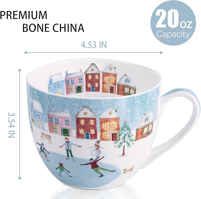 Christmas Skating Mug - 20 oz Bone China Winter Coffee Mugs with Snowy Village, Perfect Holiday and Birthday Gifts for Friends and Family - Designed in England by Harvest Green Studio