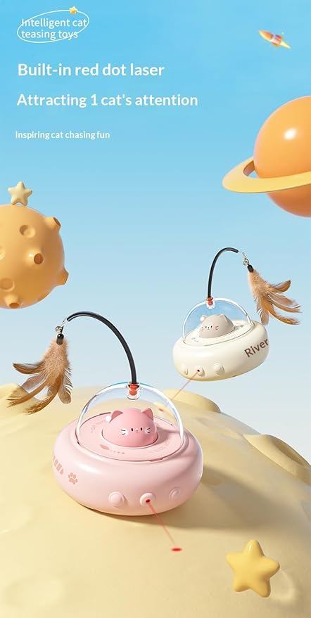 Interactive Cat Toy for Indoor Cats, Automatic UFO Kitten Toy with 360° Rotating Feathers and Bell, Hands-Free Electronic Teaser Toy, Stimulates Hunting Instincts, Multi-Cat Friendly