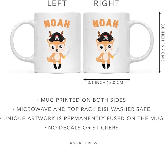 Andaz Press Personalized 11oz. Kids Milk Hot Chocolate Mug, Deer with Pirate Black Hat, 1-Pack, Custom Child’s Birthday Christmas Coffee Cup