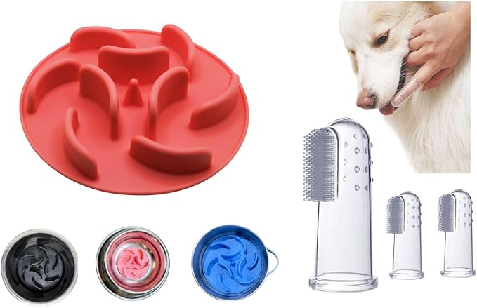 Slow Feeder Insert for Dog Bowl with Suction Cups – Anti-Choke Silicone Design Fits Most Dog Bowls – Includes 3 Finger Toothbrushes for Puppy & Pet Dental Care – Blue, Pink, Black Color