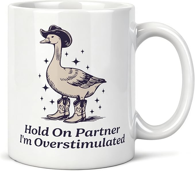 Funny Western Cowboy Goose Mug 11 oz, Funny Goose Gifts, Western Themed Gifts Coffee Cups Ceramic, Hold on Partner I'm Overstimulated Ceramic Mug for Coffee Tea Hot Cocoa Home Office Work