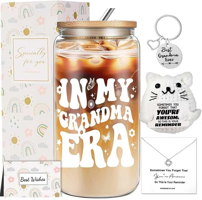 Grandma Christmas Gifts for Women, Mothers Day Gifts Set from Granddaughter Grandson, 16 Oz Grandma Glass Cup Crochet Cat Thanksgiving Ideas Gift for Grandmother