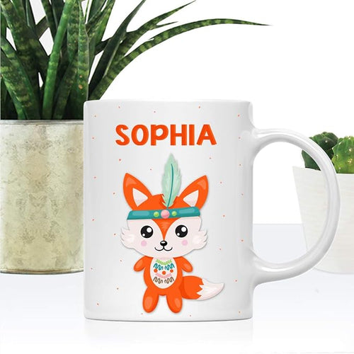 Andaz Press Personalized 11oz. Kids Milk Hot Chocolate Mug, Tribal Fox, 1-Pack, Custom Child’s Birthday Christmas Coffee Cup