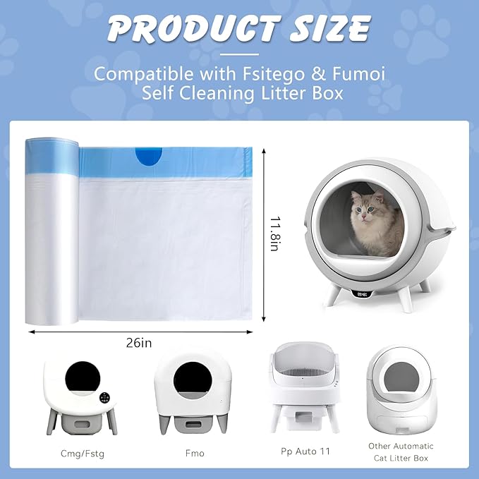 120 Count 26"x11.8" Cat Litter Box Liners Compatible with Fsitego & Fumoi Self-Cleaning Litter Boxes, Heavy Duty Automatic Cat Litter Box Bags with Drawstring, 3-4 Gallons of Capacity