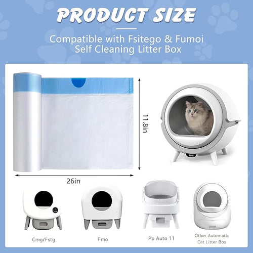 120 Count 26"x11.8" Cat Litter Box Liners Compatible with Fsitego & Fumoi Self-Cleaning Litter Boxes, Heavy Duty Automatic Cat Litter Box Bags with Drawstring, 3-4 Gallons of Capacity