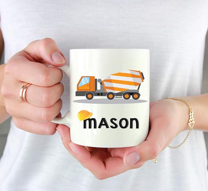 Andaz Press Personalized 11oz. Kids Hot Chocolate Mug, Orange Construction Truck Cement Truck, 1-Pack, Custom Child’s Birthday Christmas Coffee Cup