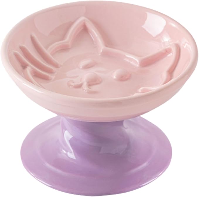 Elevated Twisting Design Cat Food Slow Feeder, Ceramic Raised Cat Dishes with Decorative Twisting Design Stand, Macaron Colors, Slow Feed Design (Pink Purple)