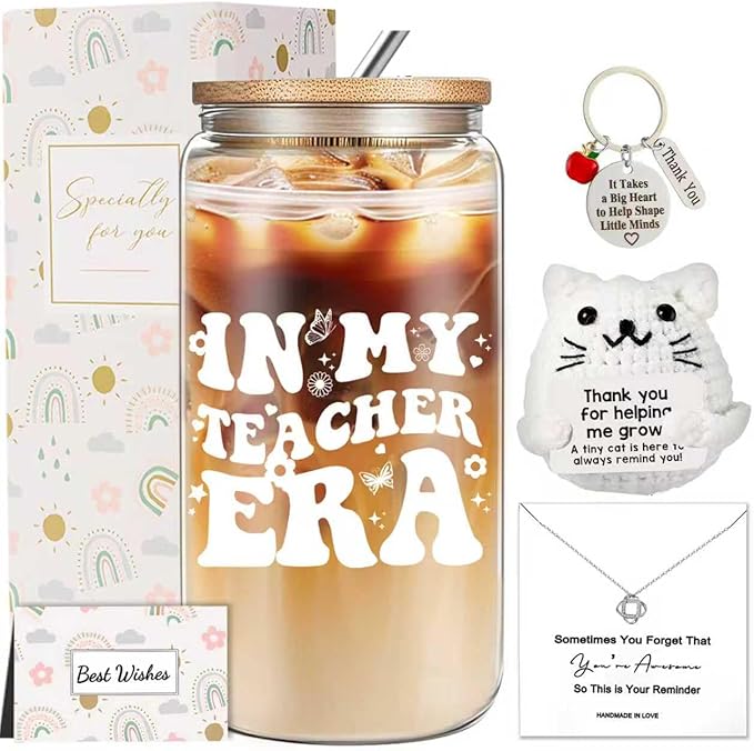Teacher Appreciation Gifts for Women, Teacher Birthday Christmas Thank You Gifts Set with 16OZ Glass Cup Positive Cat Crochet