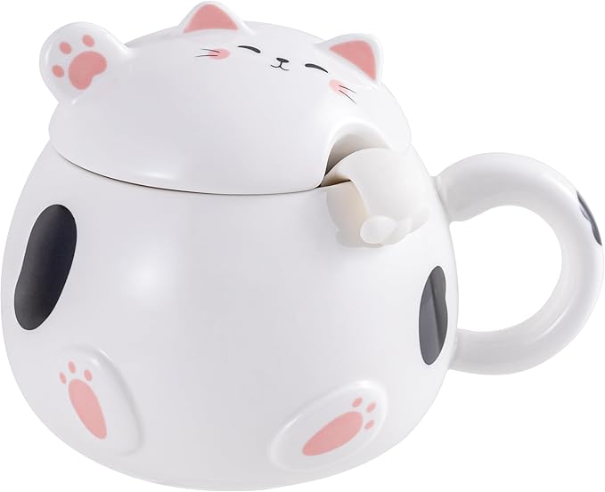 Urban Tokyo Whimsical Cat Mug Adorable Coffee Mug Ceramic Cup Novelty Mug with Lid and Stainless Steel Spoon 15 fl oz Lovely Kitten Neko (White)