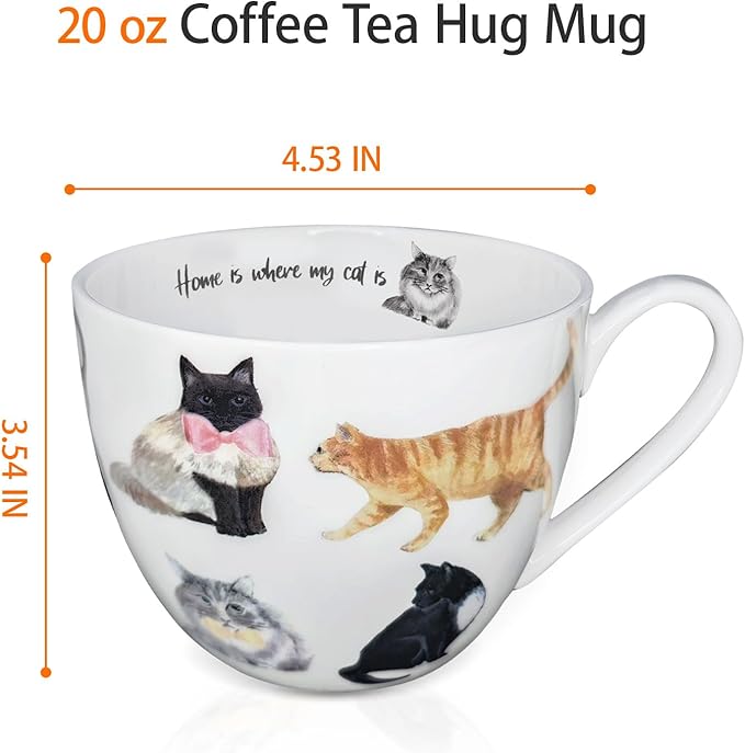 Cute Cat Mugs for Daily Coffee and Tea, Premium 20 oz Bone China Coffee Tea Hug Mug, Perfect Holiday, Birthday, and Christmas Gift for Cat Lovers, Designed in England by Harvest Green Studio