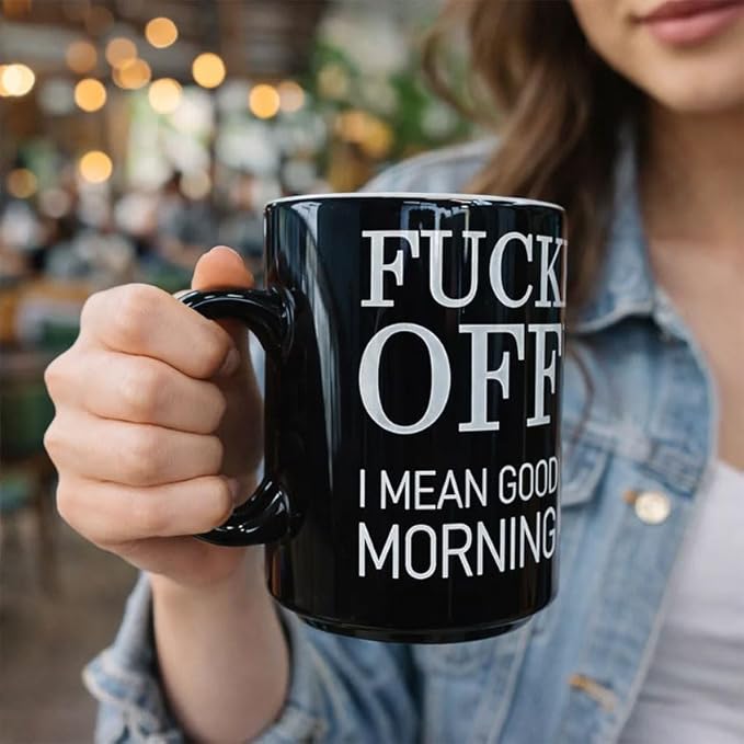 Fuck Off Middle Finger Mug, 17 Oz Ceramic Coffee Mug with Middle Finger Bottom, Offensive Humor Mug, Sarcastic Cup, Gag Gift for Coworker, Friend, Husband, Adult Humor Coffee Mug Black, Fuck Mug