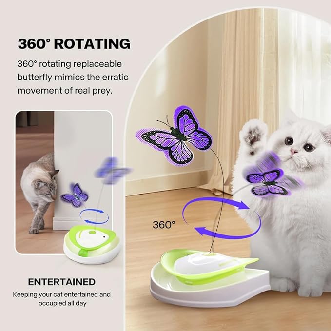 2-in-1 Automatic Interactive Kitten Toy, Fluttering Flashing Butterfly, Rolling Track Ball, Kitty Flutter Toy for Indoor Cats or Small Dog
