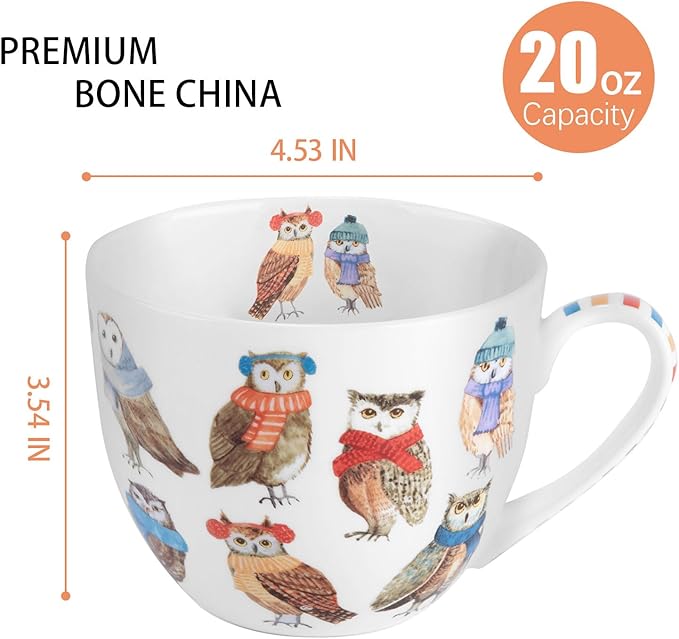 Cute Autumn Owls Coffee Mug, 20 oz Bone China Mugs with Charming Owls in Color Scarves and Hats, Perfect Brithday and Christmas Gift for Bird Enthusiasts, Designed in England by Harvest Green Studio