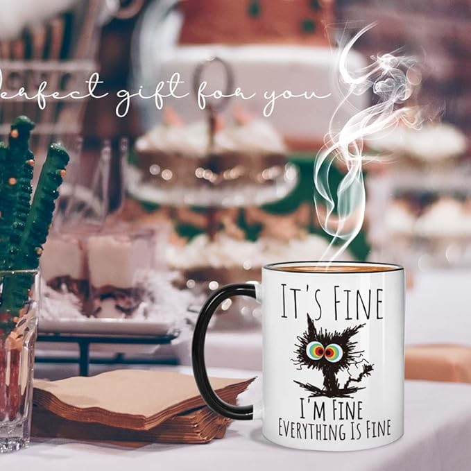 FALJIOK Funny Cat Coffee Mug Gifts for Cat Lover, It's Fine I'm Fine Everything Is Fines Coffee Mug 11oz, Novelty Mugs Gift for Women Man, Cats Lover Birthday Christmas Mugs