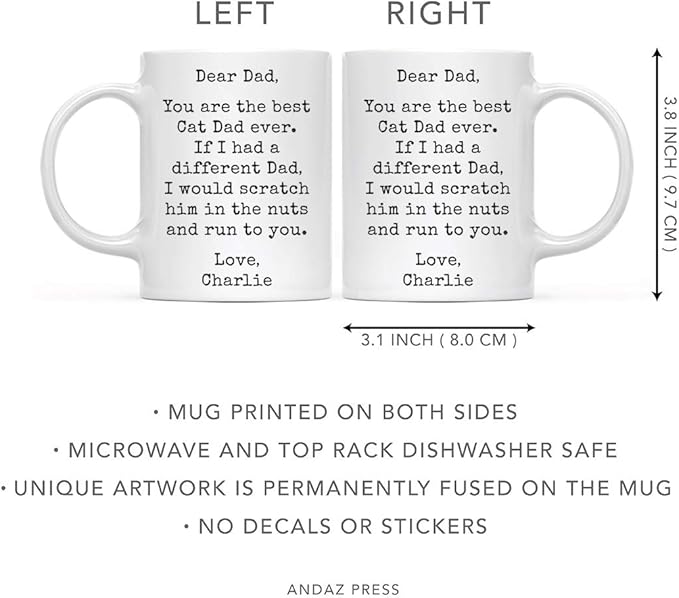 Andaz Press Personalized Funny Dad 11oz. Coffee Mug Gag Gift, Best Cat Dad, Scratch in Nuts and Run to You, 1-Pack, Custom Cat Lover's Christmas Birthday Ideas, Includes Gift Box