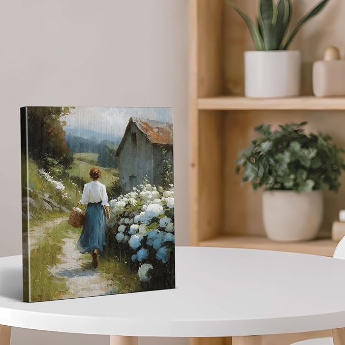 Vintage Country Woman Canvas Wall Art Rustic Floral Path Print Painting Cottagecore Wall Decor for Home Farmhouse Living Room 8x10 Inches Framed