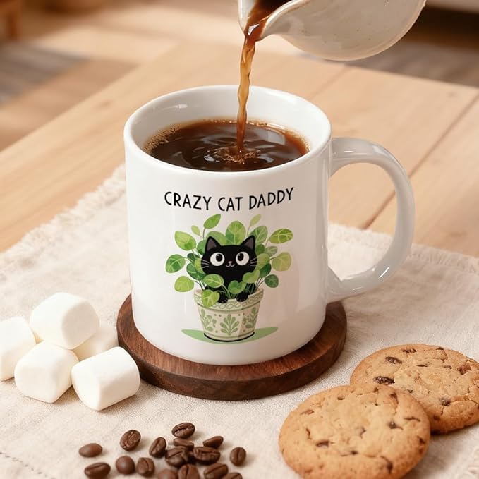Crazy Cat Daddy Double-Sided Ceramic Mug, Funny Black Cat Mug for Men, Cats Daddy Coffee Cup, Christmas Birthday Gifts for Husband Kitten Dad, Father's Day Thank You Gifts for Pet Owner
