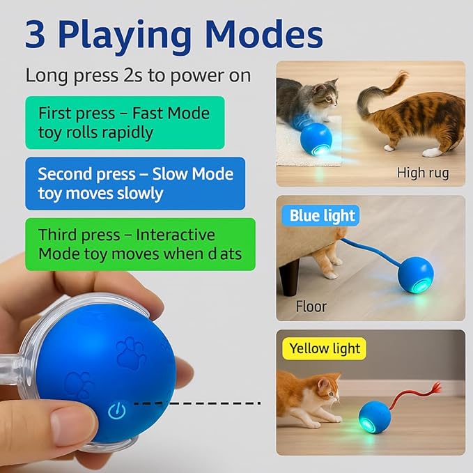 Interactive Cat Ball Toy with LED Light, Motion Activated Snake Tail, 5-Minute Auto Standby, Navy Blue