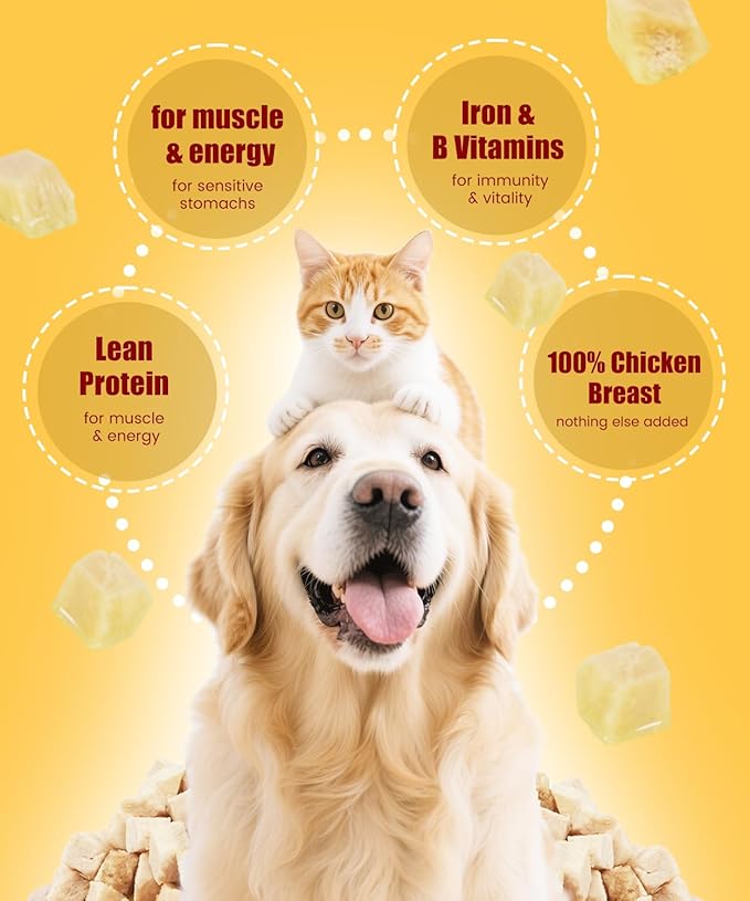 Freeze Dried Chicken Pet Treats for Dogs, Cats, Single Fresh Ingredient Training Treats, Food Topper, Rawhide Free Freeze Dried Chicken High Protein, 7oz