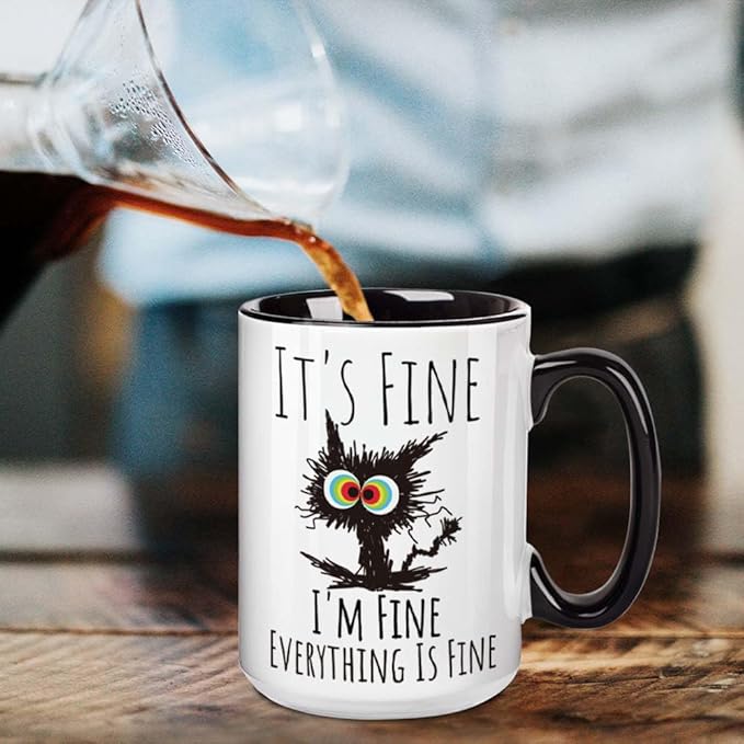 FALJIOK I'm Fine Everything is Fine Coffee Mug 15oz Funny Sarcastic Cat Mug Gifts for Cats Lover Novelty Mug Gifts for Cat Lover Women Mothers Day, Funny Cats Mug Gift for Coworker Manager Friend
