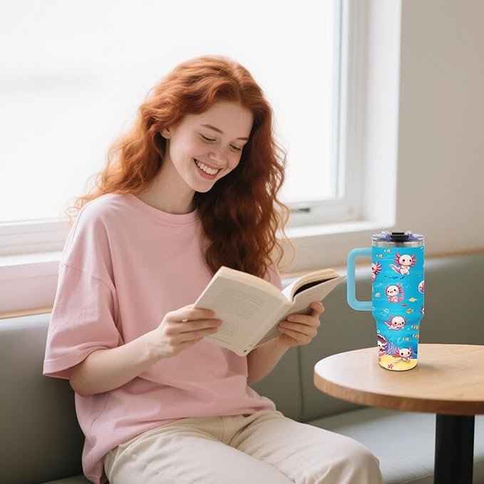 Axolotl Gifts for Girls - 40oz Tumbler with Straw & Handle, Axolotl Stainless Steel Insulated Tumbler, Leak Proof, BPA-Free,Adorable Ocean Animal Mug Cup for Sports, Travel, Birthday Gifts Cup