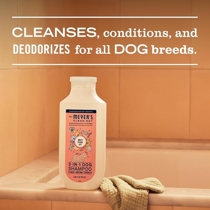 Mrs. Meyer's Clean Day Dog Care Kit, Includes 3in1 Dog Shampoo - White Peach, Dog Deodorizing Spritz - White Peach and Pet Stain & Odor Fighter - Coconut Leaf