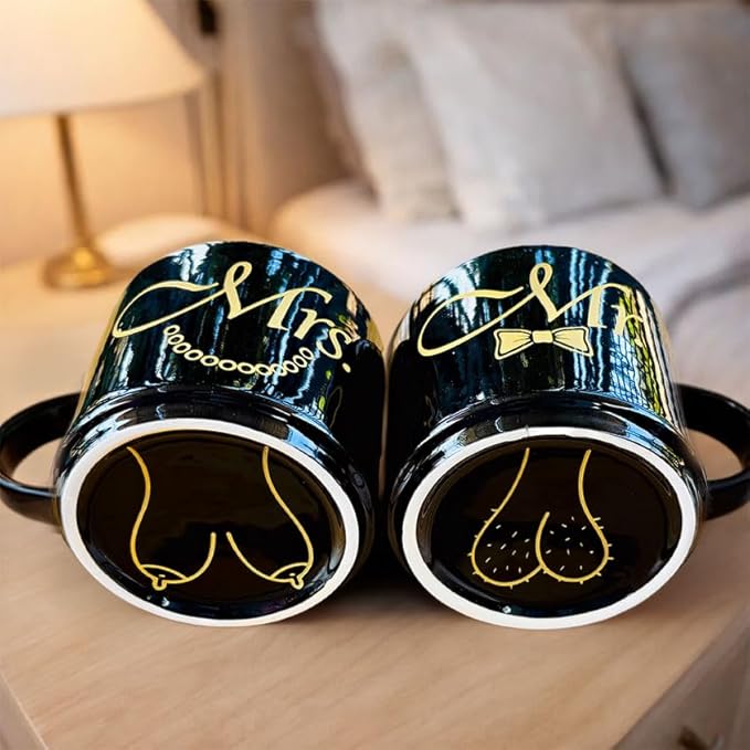 Mr and Mrs Mug Set, Mr Mrs Wedding Gift for Couples, 17 Oz Funny Couple Coffee Mug with Hidden Bottom Design, Newlywed Gift, Bride Groom Present, Anniversary Engagement Gift, His and Hers Mug