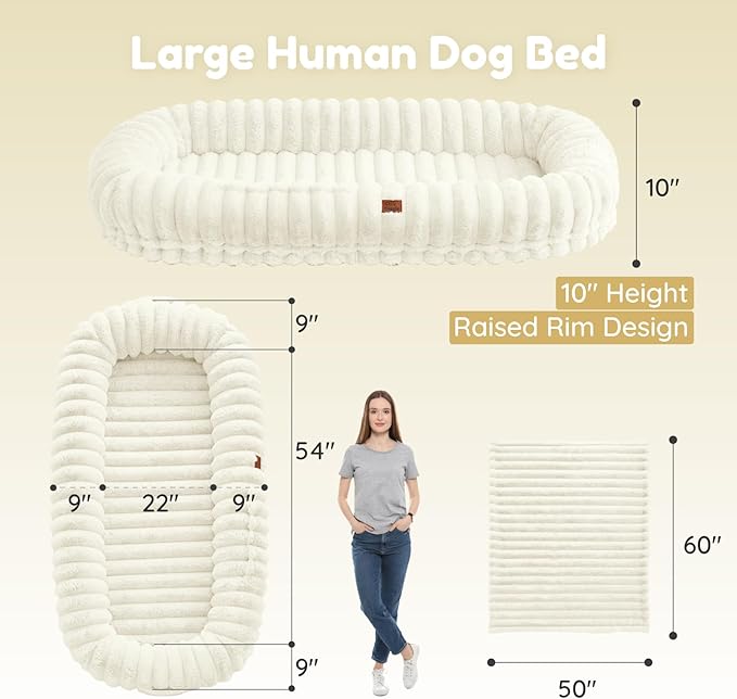 ChiXnuggle Human Dog Bed for Adult - Luxury Striped Faux Fur Giant Dog Bed with Portable Handle, Egg Orthopedic Foam Pad with Thick Blanket, 72"x40"x10", Cream