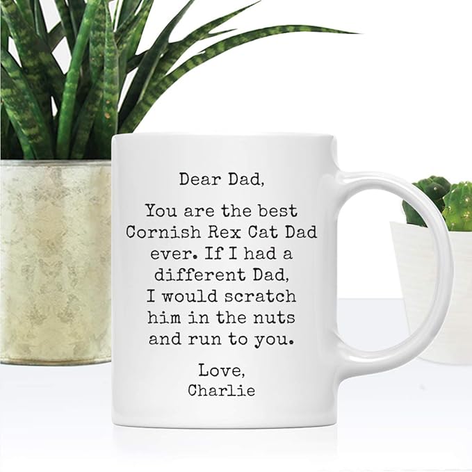 Andaz Press Personalized Funny Dad 11oz. Coffee Mug Gag Gift, Best Cornish Rex Cat Dad, Scratch in Nuts and Run to You, 1-Pack, Custom Cat Lover's Christmas Birthday Ideas, Includes Gift Box